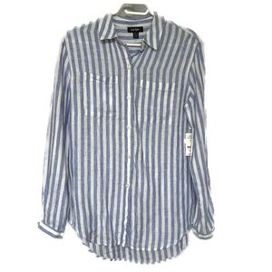 Lord & Taylor Shirt Blue & White Striped Button Down Blouse Size Small Linen